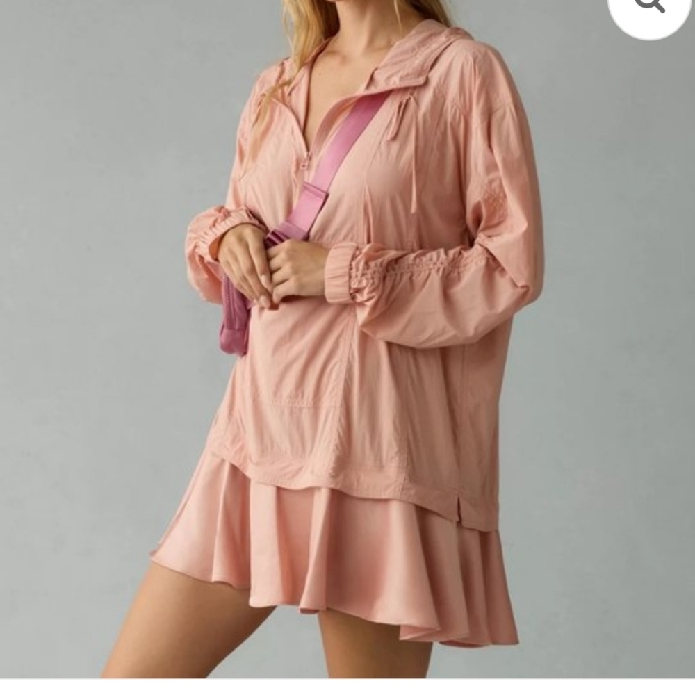 Daily Practice By Anthro HTF Half Zip Ruffle Pullover Dress Hooded Medium Pink